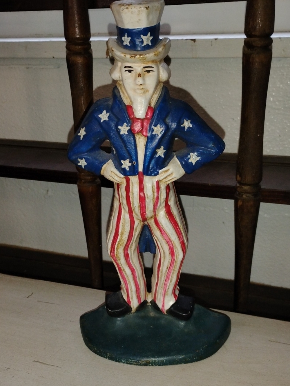 Vintage Cast Iron Patriotic Uncle Sam Door Stop– Blue, Red & White USA